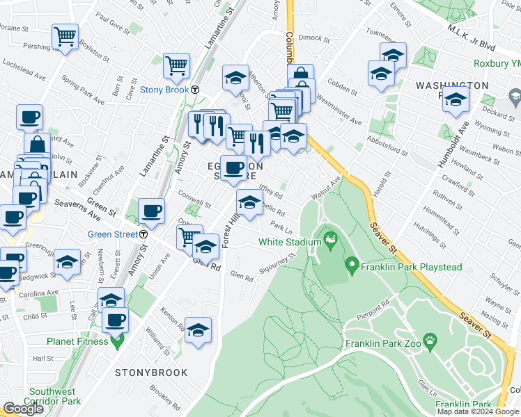 map of restaurants, bars, coffee shops, grocery stores, and more near 70 Montebello Road in Boston