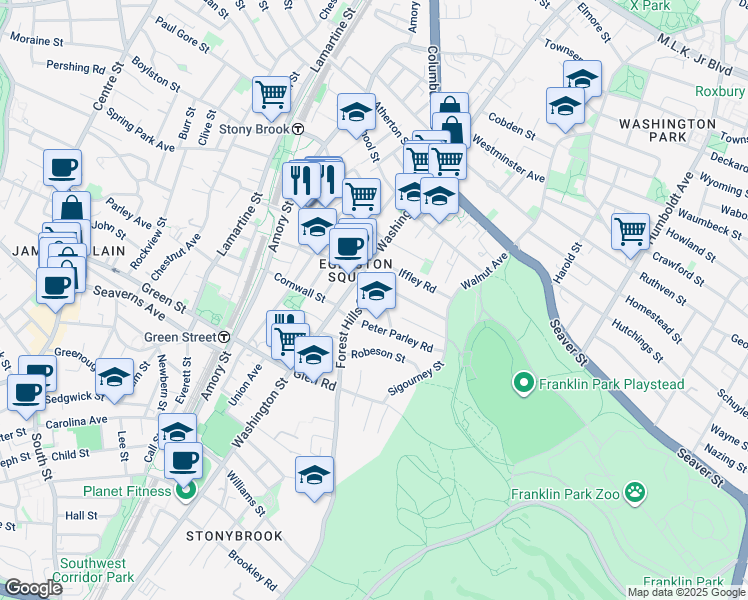map of restaurants, bars, coffee shops, grocery stores, and more near 10 Forest Hills Street in Boston