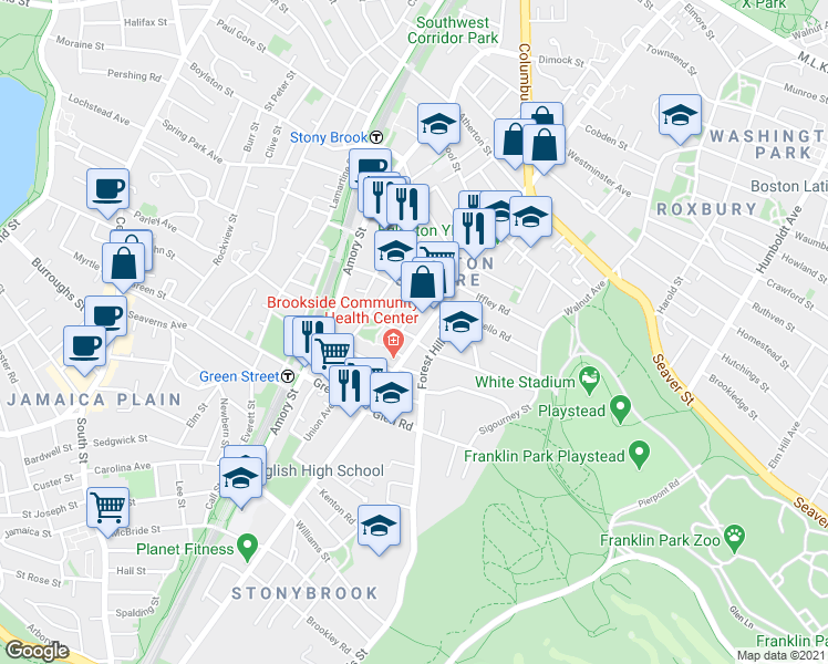 map of restaurants, bars, coffee shops, grocery stores, and more near 6 Haverford Street in Boston