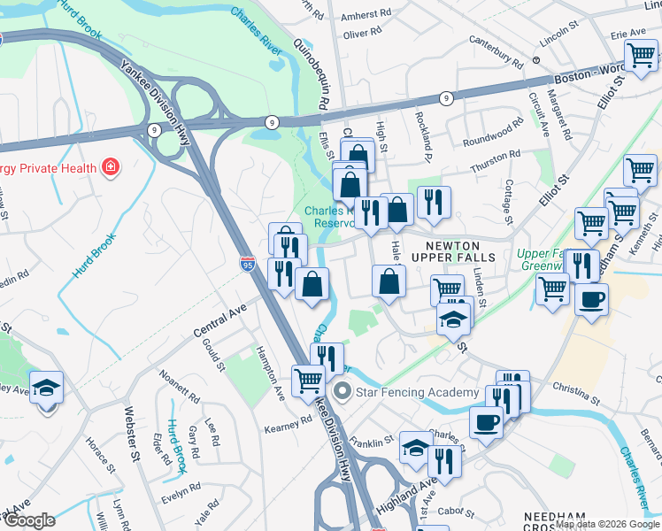map of restaurants, bars, coffee shops, grocery stores, and more near 1 Keefe Avenue in Newton