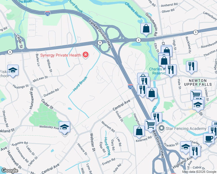 map of restaurants, bars, coffee shops, grocery stores, and more near 6 Evergreen Road in Needham