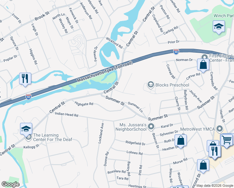 map of restaurants, bars, coffee shops, grocery stores, and more near 150 Fenwick Street in Framingham