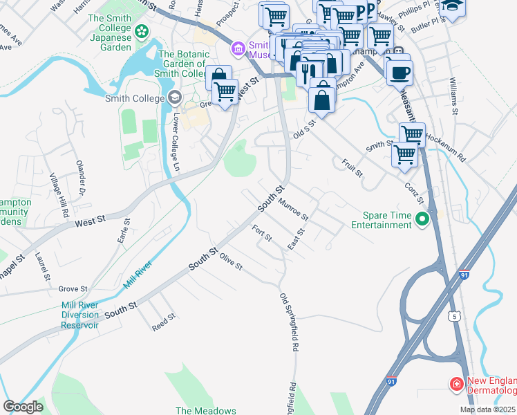 map of restaurants, bars, coffee shops, grocery stores, and more near 152 South Street in Northampton