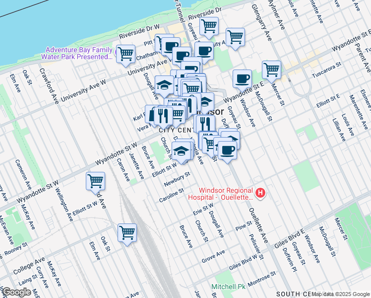 map of restaurants, bars, coffee shops, grocery stores, and more near 697 Victoria Avenue in Windsor