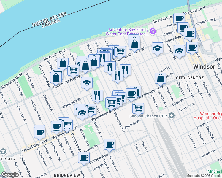map of restaurants, bars, coffee shops, grocery stores, and more near 436 Elm Avenue in Windsor