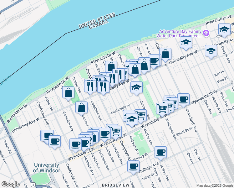 map of restaurants, bars, coffee shops, grocery stores, and more near 1511 University Avenue West in Windsor