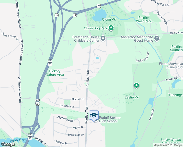 map of restaurants, bars, coffee shops, grocery stores, and more near 2750 Pontiac Trail in Ann Arbor