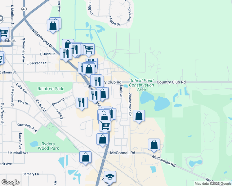map of restaurants, bars, coffee shops, grocery stores, and more near 1050 Country Club Road in Woodstock