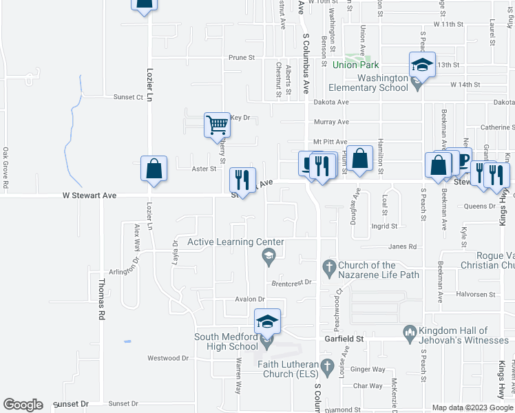 map of restaurants, bars, coffee shops, grocery stores, and more near 1266 Dixie Lane in Medford