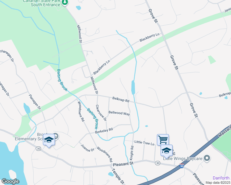 map of restaurants, bars, coffee shops, grocery stores, and more near 399 Belknap Road in Framingham