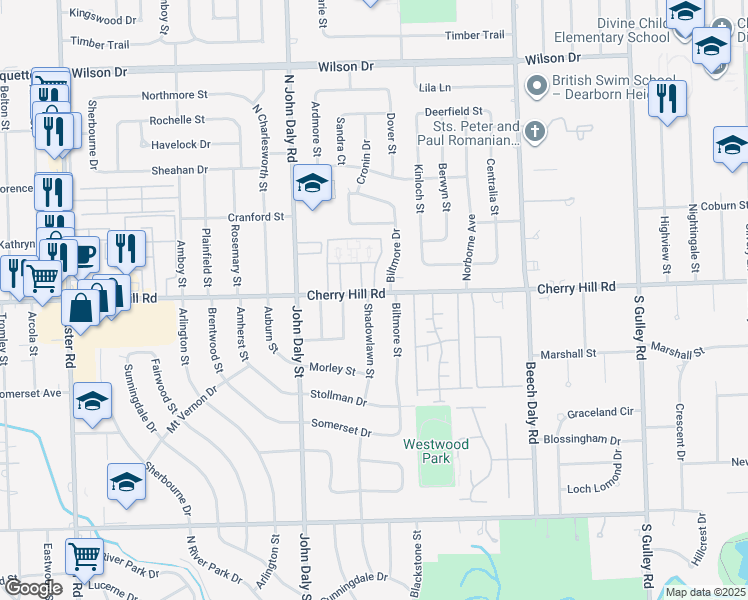 map of restaurants, bars, coffee shops, grocery stores, and more near 115 Shadowlawn Street in Inkster
