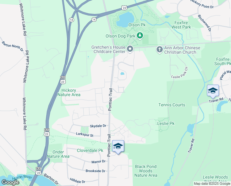 map of restaurants, bars, coffee shops, grocery stores, and more near 2750 Pontiac Trail in Ann Arbor