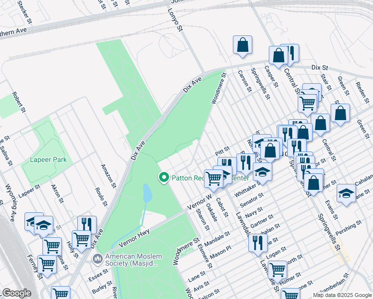 map of restaurants, bars, coffee shops, grocery stores, and more near 2585 Cabot Street in Detroit