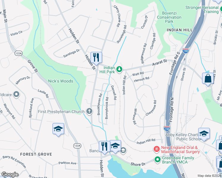 map of restaurants, bars, coffee shops, grocery stores, and more near 8 Darnell Road in Worcester