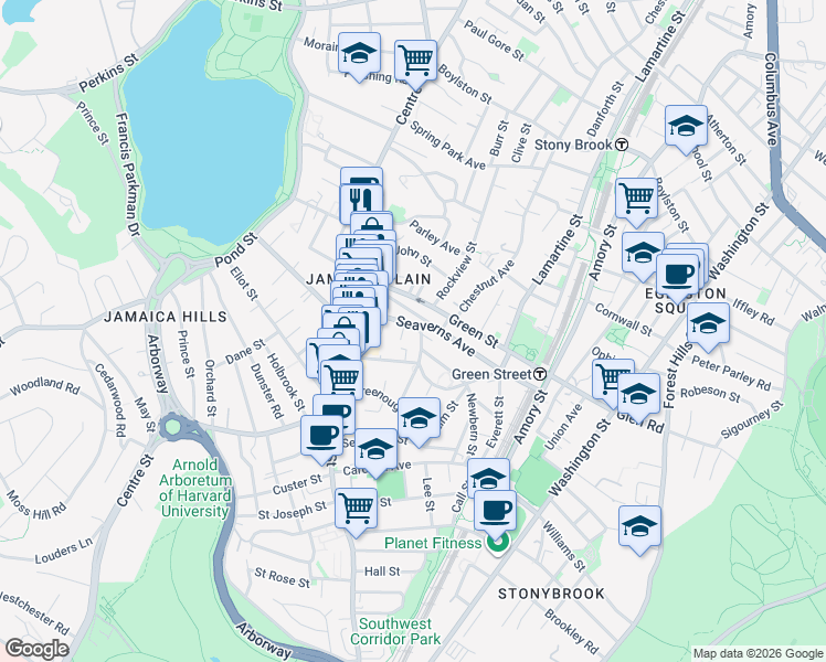 map of restaurants, bars, coffee shops, grocery stores, and more near 38 Seaverns Avenue in Boston