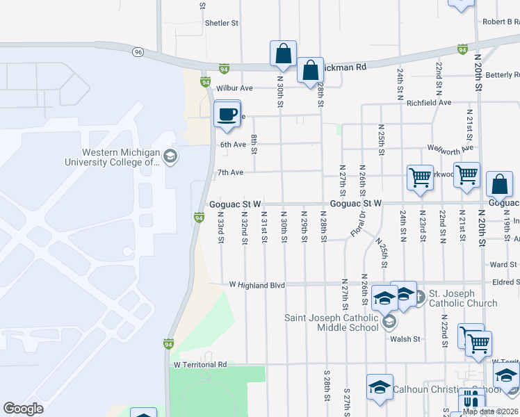map of restaurants, bars, coffee shops, grocery stores, and more near 1806 Goguac Street West in Battle Creek