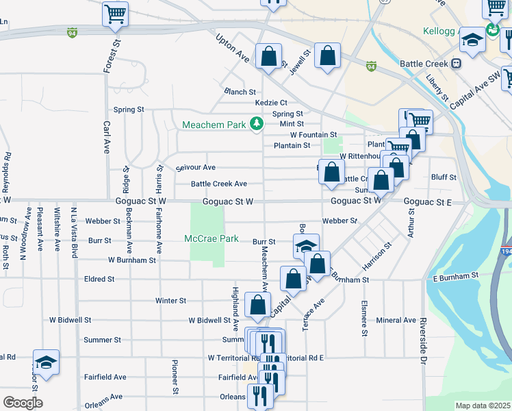 map of restaurants, bars, coffee shops, grocery stores, and more near 176 Meachem Avenue in Battle Creek