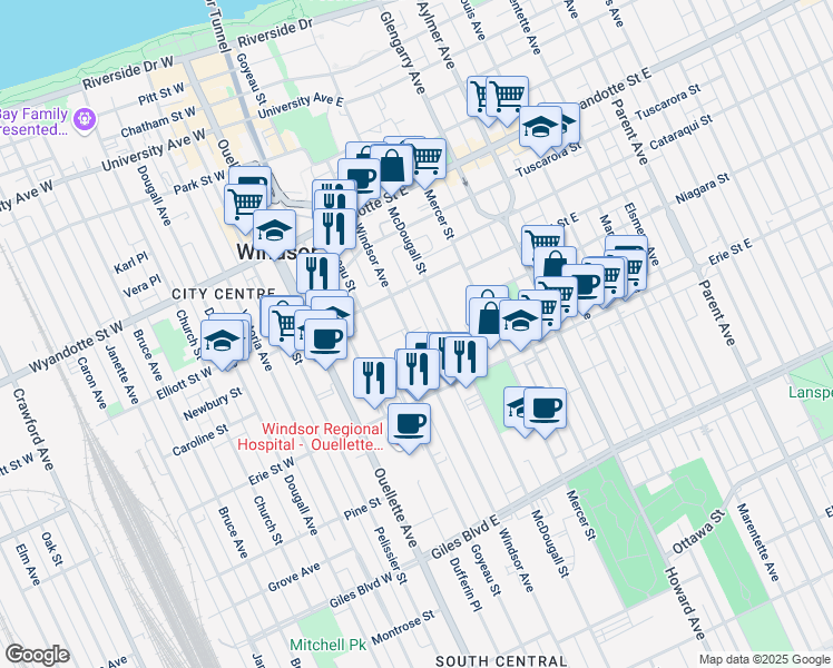 map of restaurants, bars, coffee shops, grocery stores, and more near 908 Windsor Avenue in Windsor