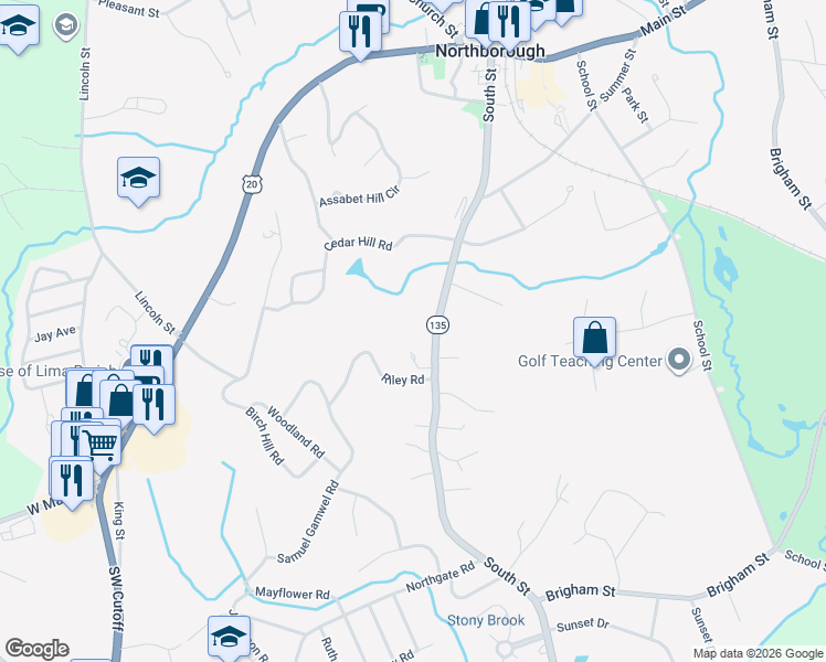 map of restaurants, bars, coffee shops, grocery stores, and more near 130 South Street in Northborough