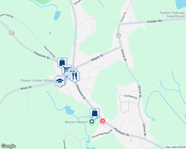 map of restaurants, bars, coffee shops, grocery stores, and more near 10 Whitney Drive in Paxton