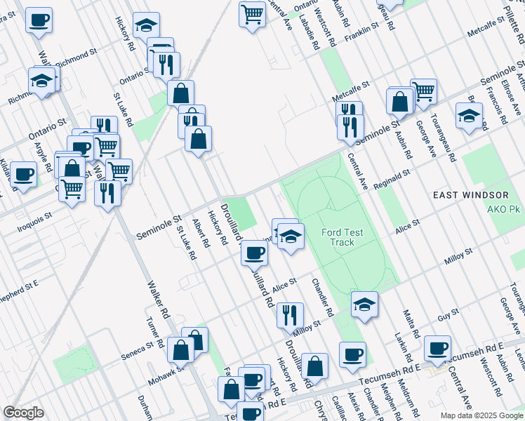 map of restaurants, bars, coffee shops, grocery stores, and more near Alexis Street in Windsor