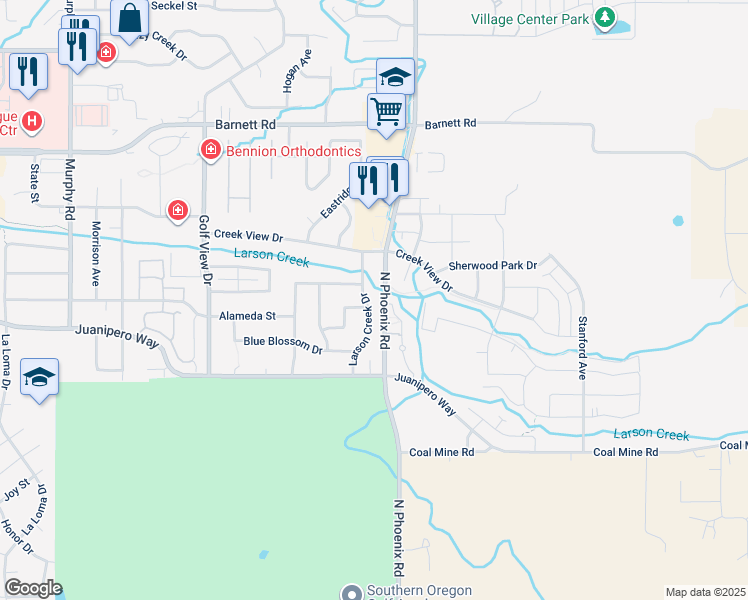 map of restaurants, bars, coffee shops, grocery stores, and more near 1401 Larson Creek Drive in Medford