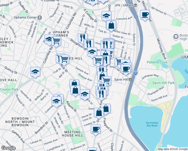 map of restaurants, bars, coffee shops, grocery stores, and more near 109 Pleasant Street in Boston