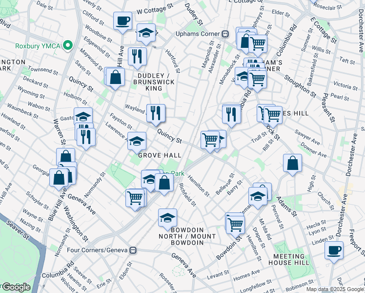 map of restaurants, bars, coffee shops, grocery stores, and more near 259 Quincy Street in Boston