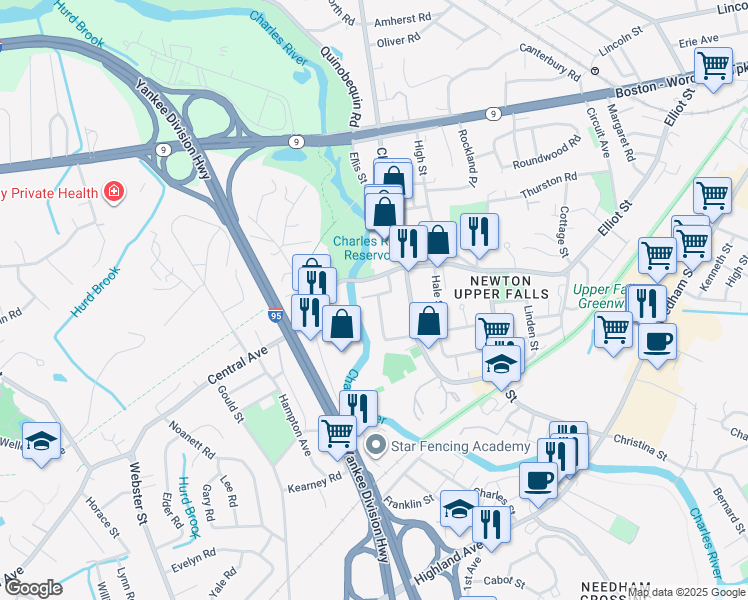 map of restaurants, bars, coffee shops, grocery stores, and more near 1 Keefe Avenue in Newton