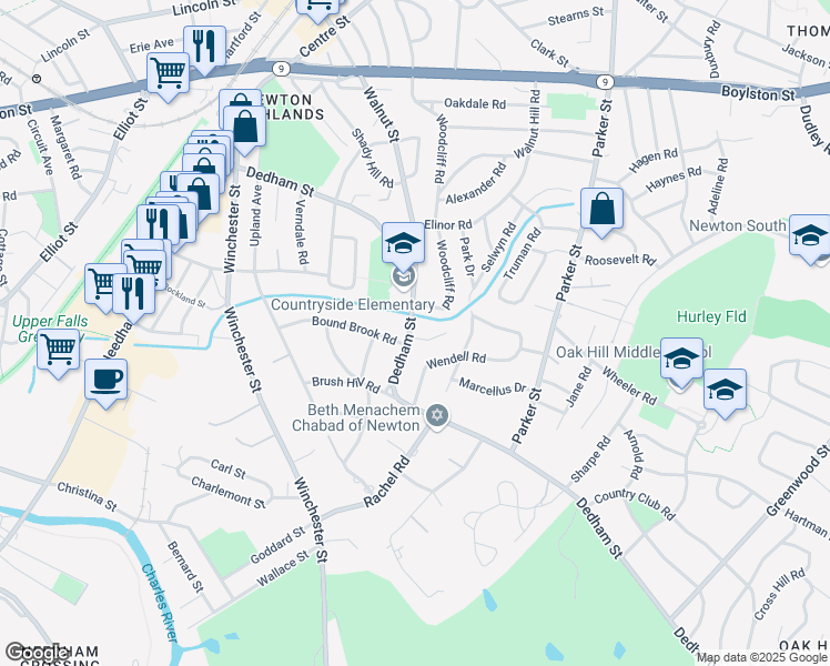 map of restaurants, bars, coffee shops, grocery stores, and more near 234 Dedham Street in Newton