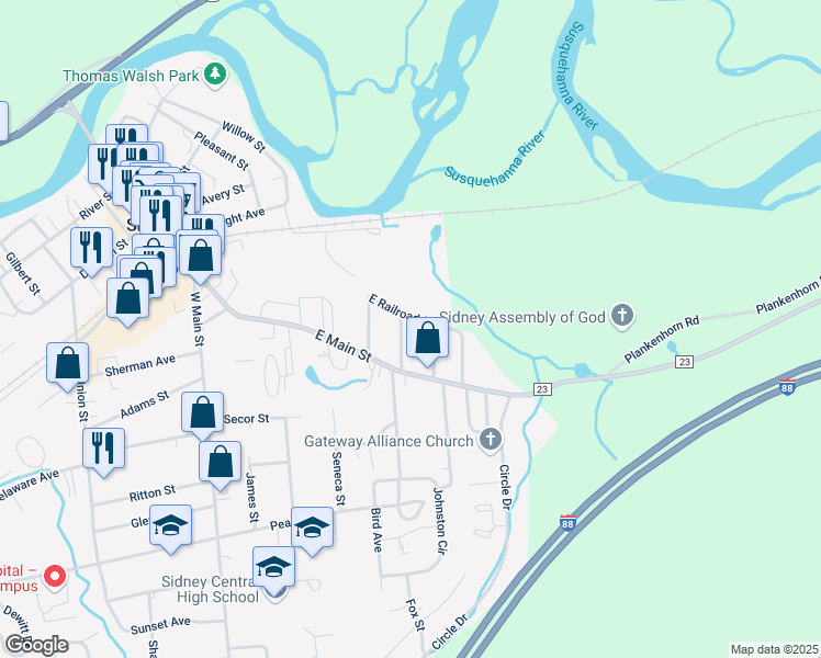 map of restaurants, bars, coffee shops, grocery stores, and more near 64 East Railroad Street in Sidney