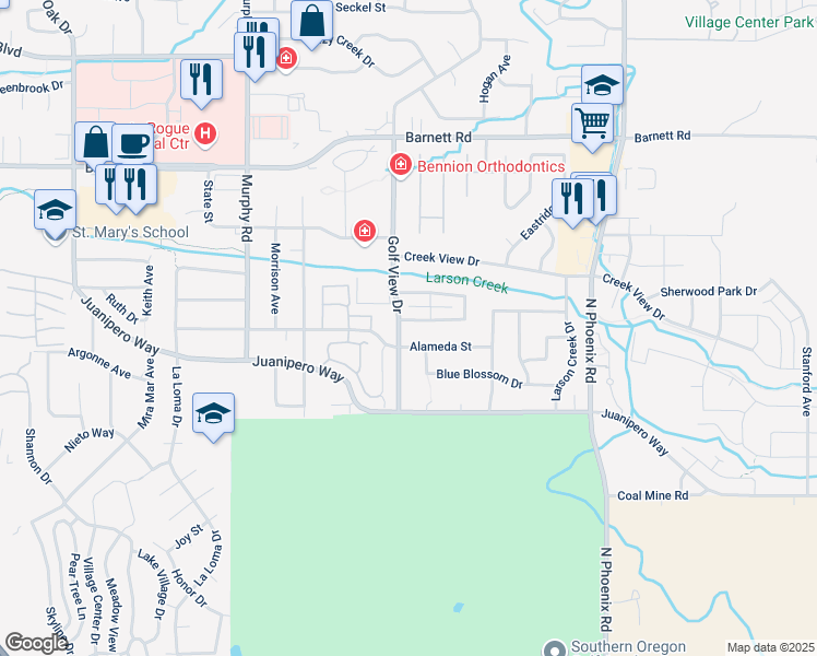 map of restaurants, bars, coffee shops, grocery stores, and more near 880 Golf View Dr in Medford