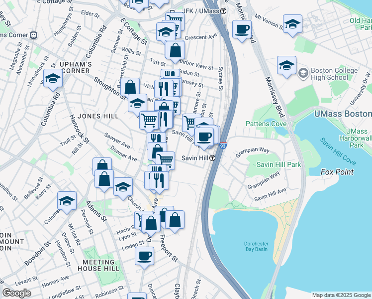map of restaurants, bars, coffee shops, grocery stores, and more near 87 Savin Hill Avenue in Boston