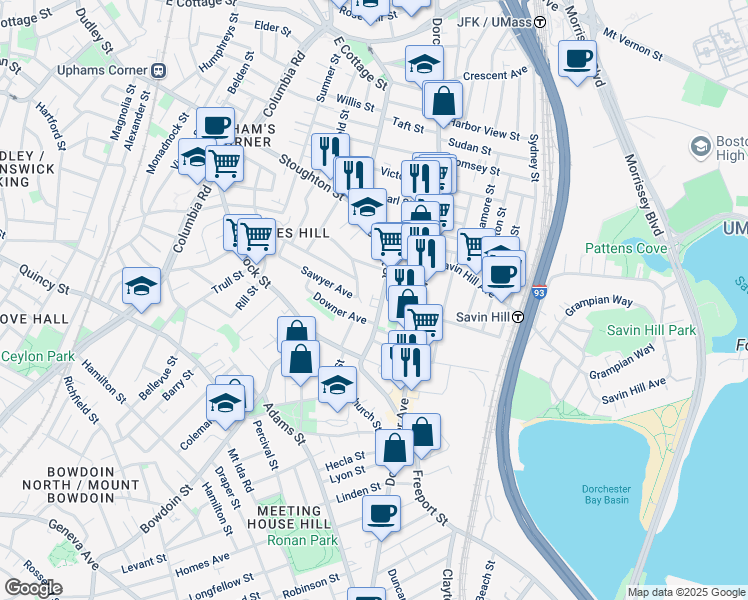 map of restaurants, bars, coffee shops, grocery stores, and more near 109 Pleasant Street in Boston