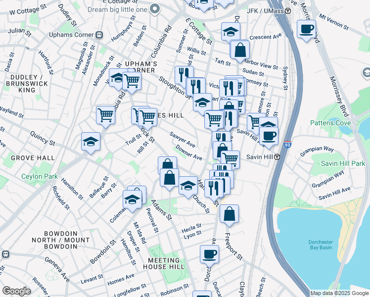 map of restaurants, bars, coffee shops, grocery stores, and more near 56 Sawyer Avenue in Boston