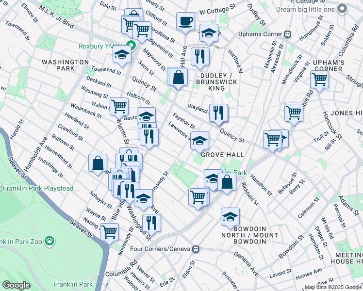 map of restaurants, bars, coffee shops, grocery stores, and more near 47 Lawrence Avenue in Boston