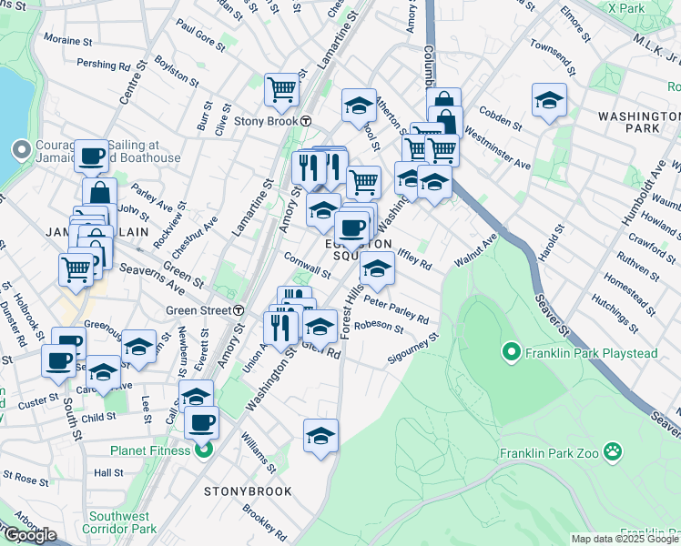 map of restaurants, bars, coffee shops, grocery stores, and more near 6 Haverford Street in Boston