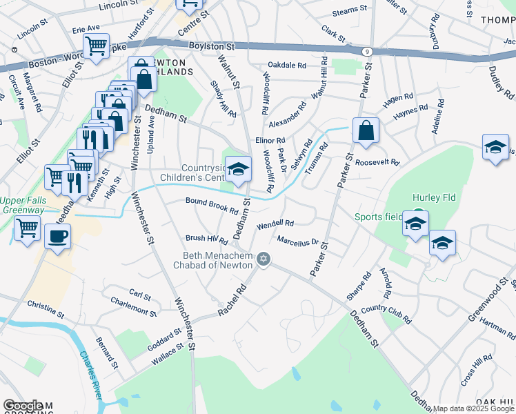map of restaurants, bars, coffee shops, grocery stores, and more near 234 Dedham Street in Newton