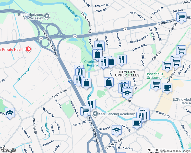 map of restaurants, bars, coffee shops, grocery stores, and more near 1 Keefe Avenue in Newton