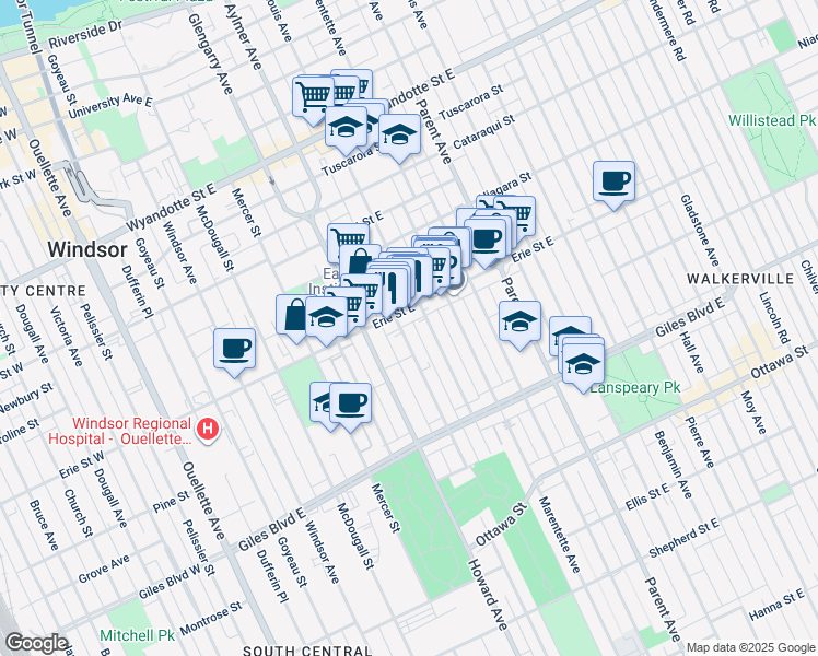 map of restaurants, bars, coffee shops, grocery stores, and more near 1031 Louis Avenue in Windsor