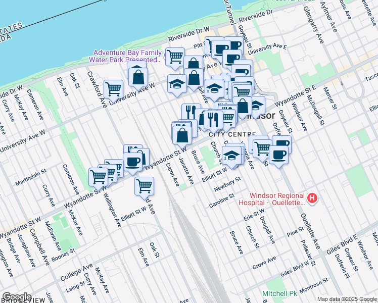 map of restaurants, bars, coffee shops, grocery stores, and more near 560 Wyandotte Street West in Windsor