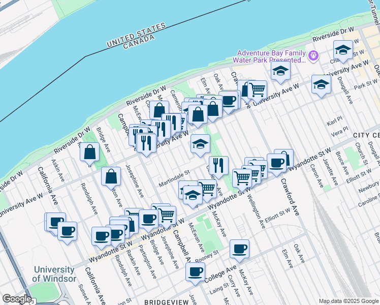map of restaurants, bars, coffee shops, grocery stores, and more near 338 McKay Avenue in Windsor
