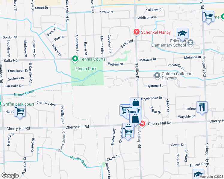 map of restaurants, bars, coffee shops, grocery stores, and more near 42802 Lilley Pointe Drive in Canton
