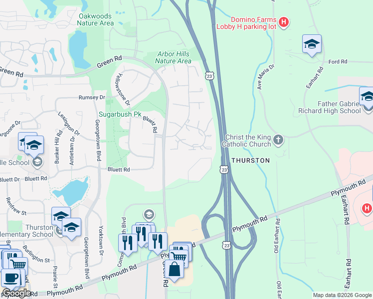 map of restaurants, bars, coffee shops, grocery stores, and more near 3250 Bolgos Circle in Ann Arbor