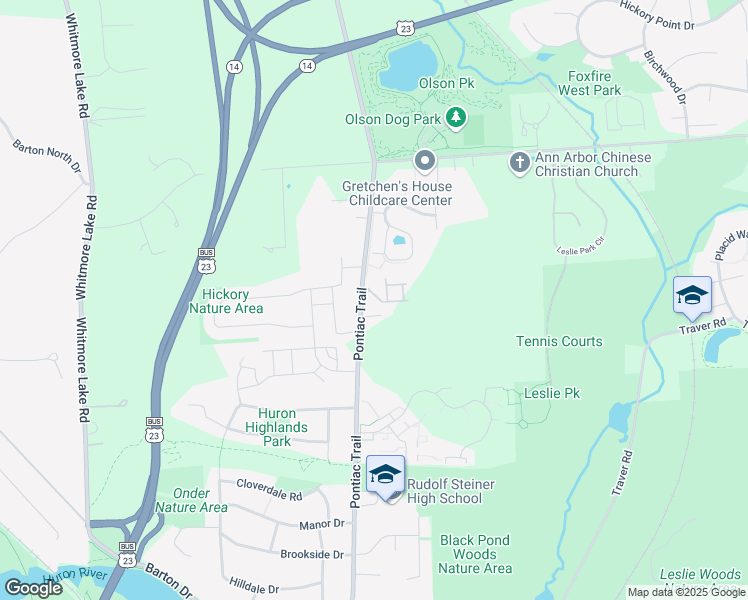 map of restaurants, bars, coffee shops, grocery stores, and more near 2750 Pontiac Trail in Ann Arbor