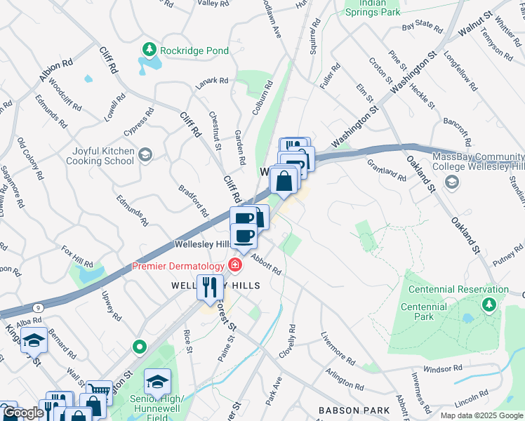 map of restaurants, bars, coffee shops, grocery stores, and more near 309 Washington Street in Wellesley