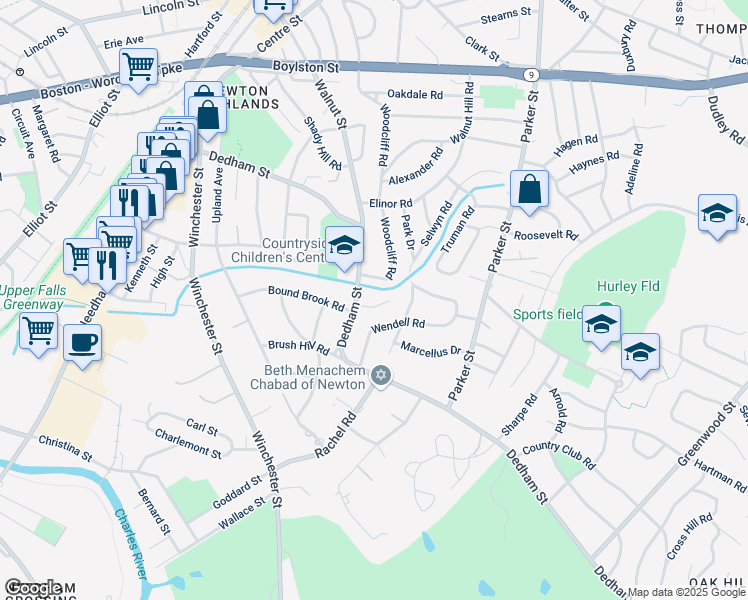 map of restaurants, bars, coffee shops, grocery stores, and more near 234 Dedham Street in Newton