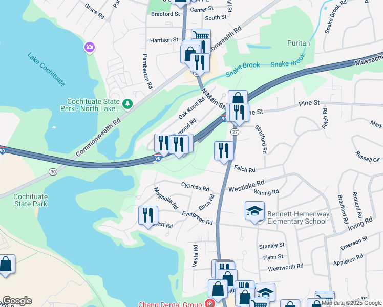 map of restaurants, bars, coffee shops, grocery stores, and more near 117 Massachusetts Turnpike in Natick