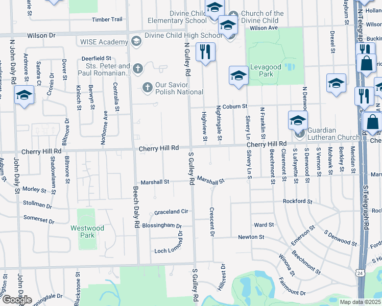 map of restaurants, bars, coffee shops, grocery stores, and more near in Dearborn