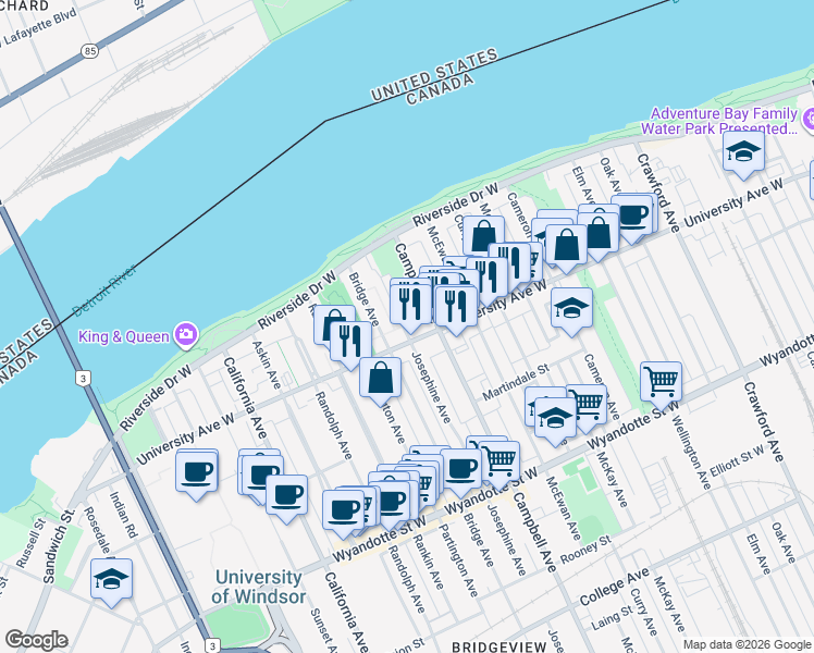 map of restaurants, bars, coffee shops, grocery stores, and more near 278 Josephine Avenue in Windsor